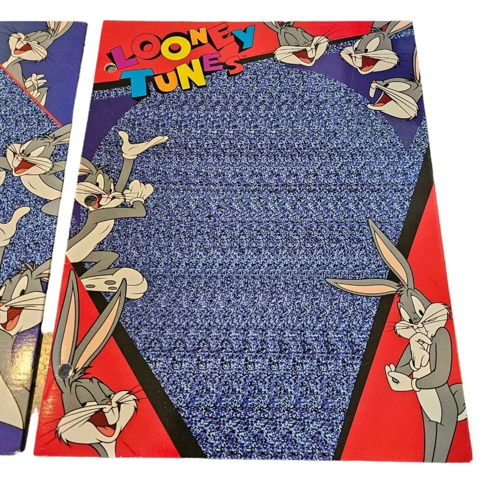 Vintage 90s Looney Tunes Bugs Bunny Taz 3D Magic Illusion Set Of 2 Blue Folders‎